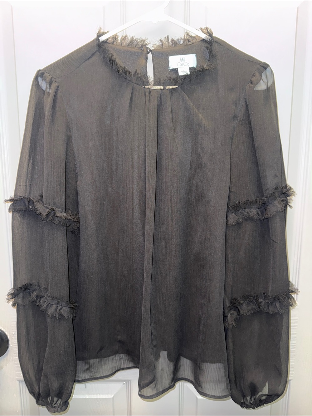 CeCe Black Sheer Fringe Long-Sleeve Blouse